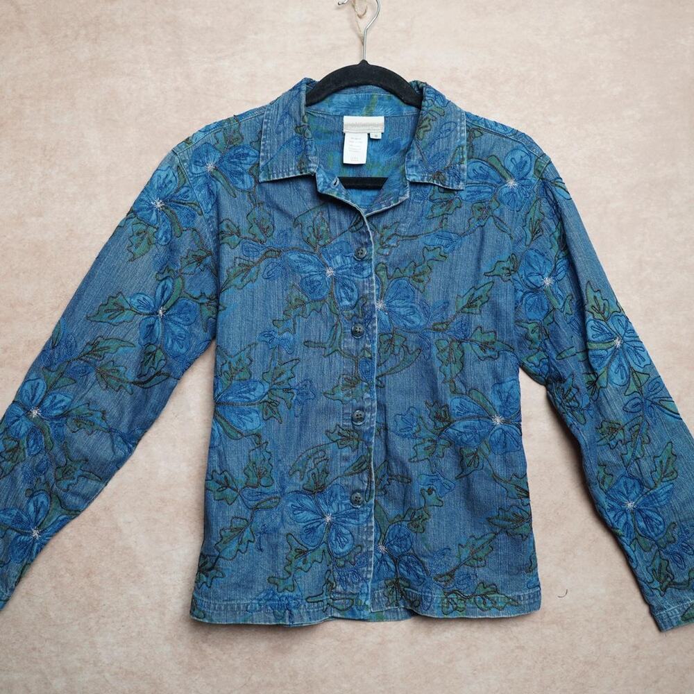 Coldwater Creek Floral Embroidered Denim Shirt S